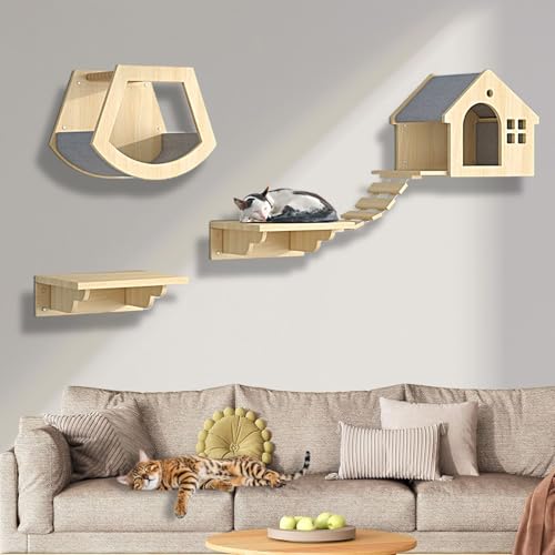 XMLYSMYS Kletterwand Katzen, Kratzbaum Wand, Holz-Kratzbaum mit Stufen und Leiter, Dekoration-Geschenk für Katzenliebhaber(4PCS) von XMLYSMYS