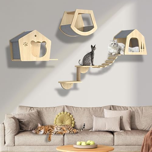 XMLYSMYS Kletterwand Katzen, Kratzbaum Wand, Holz-Kratzbaum mit Stufen und Leiter, Dekoration-Geschenk für Katzenliebhaber(5PCS) von XMLYSMYS