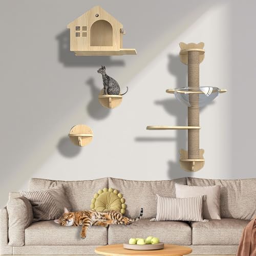 XMLYSMYS Kletterwand Katzen, Kratzbaum Wand, Holz-Kratzbaum mit Stufen und Leiter, Dekoration-Geschenk für Katzenliebhaber(6PCS) von XMLYSMYS