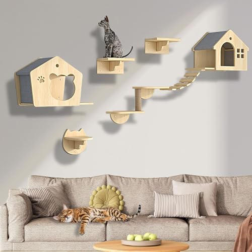 XMLYSMYS Kletterwand Katzen, Kratzbaum Wand, Holz-Kratzbaum mit Stufen und Leiter, Dekoration-Geschenk für Katzenliebhaber(7PCS) von XMLYSMYS