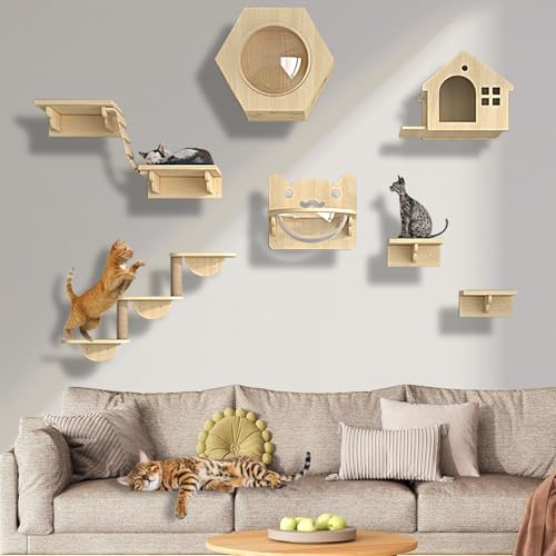 XMLYSMYS Kletterwand Katzen, Kratzbaum Wand, Holz-Kratzbaum mit Stufen und Leiter, Dekoration-Geschenk für Katzenliebhaber(9PCS) von XMLYSMYS