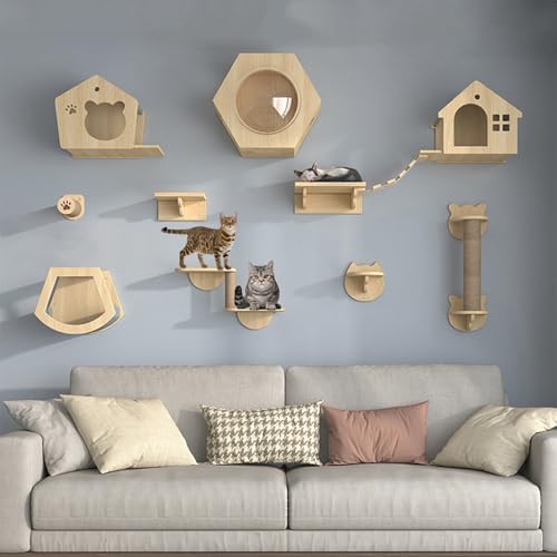 XMLYSMYS Kletterwand Katzen Aus Holz, Katzenleiter mit Juteseil, Rustikales Dekoration-Geschenk für Katzenliebhaber Zum Klettern, Schlafen, Spielen(10PCS) von XMLYSMYS