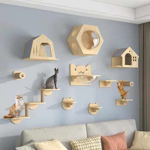 XMLYSMYS Kletterwand Katzen Aus Holz, Katzenleiter mit Juteseil, Rustikales Dekoration-Geschenk für Katzenliebhaber Zum Klettern, Schlafen, Spielen(11PCS) von XMLYSMYS