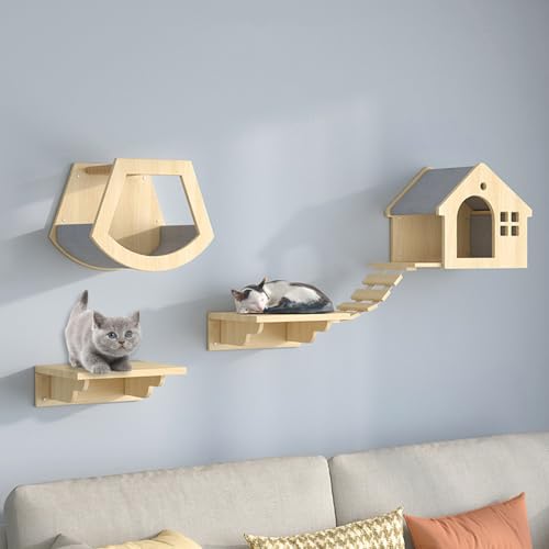 XMLYSMYS Kletterwand Katzen Aus Holz, Katzenleiter mit Juteseil, Rustikales Dekoration-Geschenk für Katzenliebhaber Zum Klettern, Schlafen, Spielen(4PCS) von XMLYSMYS
