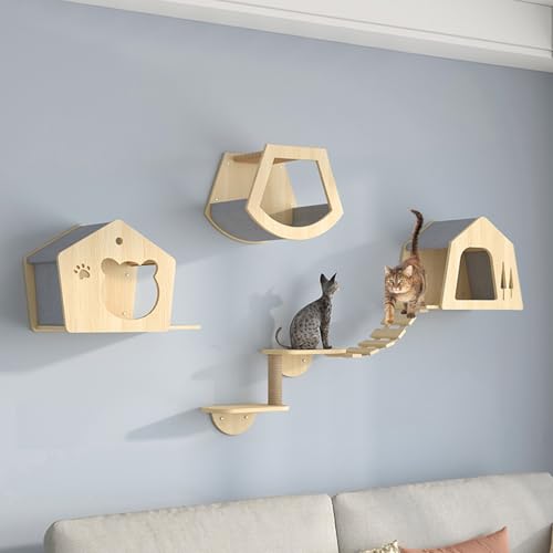 XMLYSMYS Kletterwand Katzen Aus Holz, Katzenleiter mit Juteseil, Rustikales Dekoration-Geschenk für Katzenliebhaber Zum Klettern, Schlafen, Spielen(5PCS) von XMLYSMYS