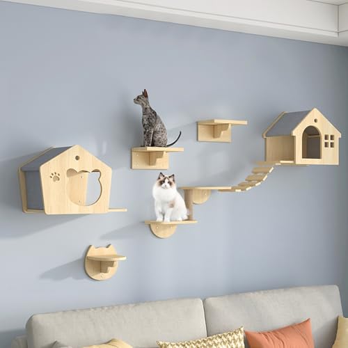 XMLYSMYS Kletterwand Katzen Aus Holz, Katzenleiter mit Juteseil, Rustikales Dekoration-Geschenk für Katzenliebhaber Zum Klettern, Schlafen, Spielen(7PCS) von XMLYSMYS
