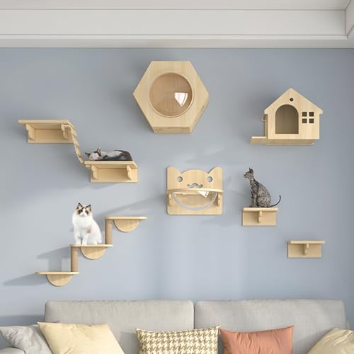 XMLYSMYS Kletterwand Katzen Aus Holz, Katzenleiter mit Juteseil, Rustikales Dekoration-Geschenk für Katzenliebhaber Zum Klettern, Schlafen, Spielen(9PCS) von XMLYSMYS
