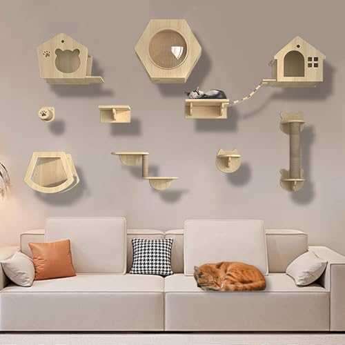 XMLYSMYS Kletterwand Katzen Aus Holz mit Jute-Kratzbaum, Katzenwandmöbel für Katzen Bis 15kg, Katzen Wand Klettern für Klettern(10PCS) von XMLYSMYS