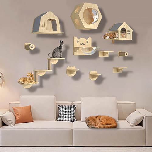 XMLYSMYS Kletterwand Katzen Aus Holz mit Jute-Kratzbaum, Katzenwandmöbel für Katzen Bis 15kg, Katzen Wand Klettern für Klettern(11PCS) von XMLYSMYS