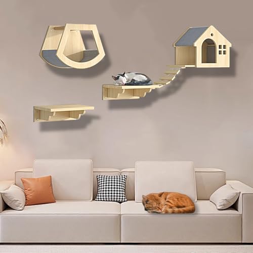 XMLYSMYS Kletterwand Katzen Aus Holz mit Jute-Kratzbaum, Katzenwandmöbel für Katzen Bis 15kg, Katzen Wand Klettern für Klettern(4PCS) von XMLYSMYS