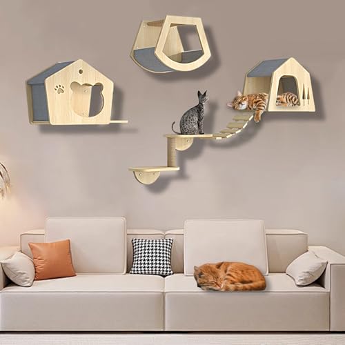 XMLYSMYS Kletterwand Katzen Aus Holz mit Jute-Kratzbaum, Katzenwandmöbel für Katzen Bis 15kg, Katzen Wand Klettern für Klettern(5PCS) von XMLYSMYS