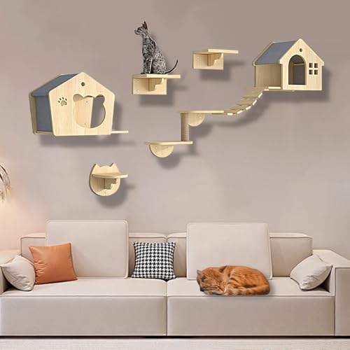 XMLYSMYS Kletterwand Katzen Aus Holz mit Jute-Kratzbaum, Katzenwandmöbel für Katzen Bis 15kg, Katzen Wand Klettern für Klettern(7PCS) von XMLYSMYS