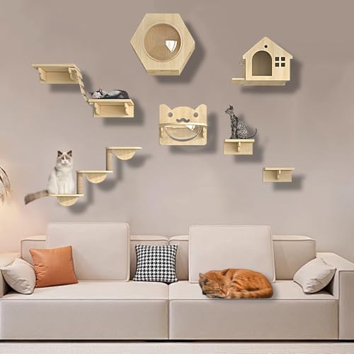 XMLYSMYS Kletterwand Katzen Aus Holz mit Jute-Kratzbaum, Katzenwandmöbel für Katzen Bis 15kg, Katzen Wand Klettern für Klettern(9PCS) von XMLYSMYS