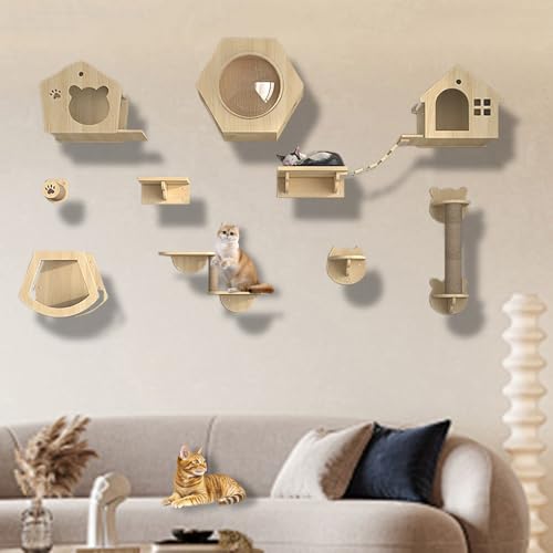 XMLYSMYS Kletterwand Katzen Katzentreppe Wandmontage, Holz-katzenbaum mit Kratzbaum, Weicher Leiter, Stufen und Sprungplattformen, für Katze Klettern und Erkunden(10PCS) von XMLYSMYS