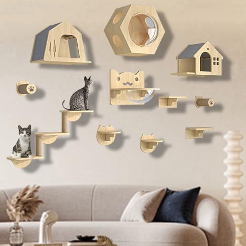 XMLYSMYS Kletterwand Katzen Katzentreppe Wandmontage, Holz-katzenbaum mit Kratzbaum, Weicher Leiter, Stufen und Sprungplattformen, für Katze Klettern und Erkunden(11PCS) von XMLYSMYS