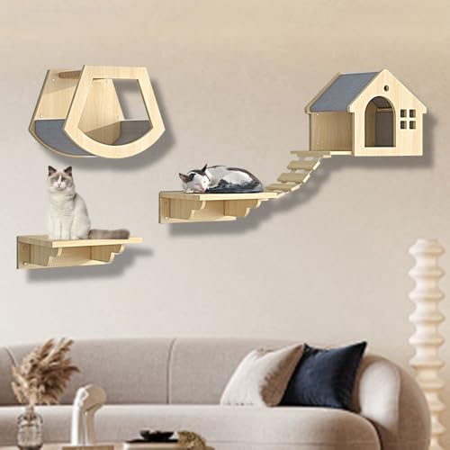 XMLYSMYS Kletterwand Katzen Katzentreppe Wandmontage, Holz-katzenbaum mit Kratzbaum, Weicher Leiter, Stufen und Sprungplattformen, für Katze Klettern und Erkunden(4PCS) von XMLYSMYS
