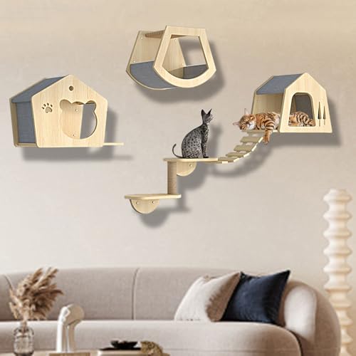 XMLYSMYS Kletterwand Katzen Katzentreppe Wandmontage, Holz-katzenbaum mit Kratzbaum, Weicher Leiter, Stufen und Sprungplattformen, für Katze Klettern und Erkunden(5PCS) von XMLYSMYS