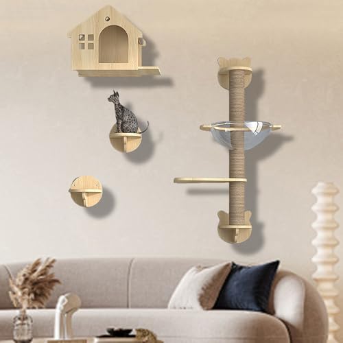 XMLYSMYS Kletterwand Katzen Katzentreppe Wandmontage, Holz-katzenbaum mit Kratzbaum, Weicher Leiter, Stufen und Sprungplattformen, für Katze Klettern und Erkunden(6PCS) von XMLYSMYS