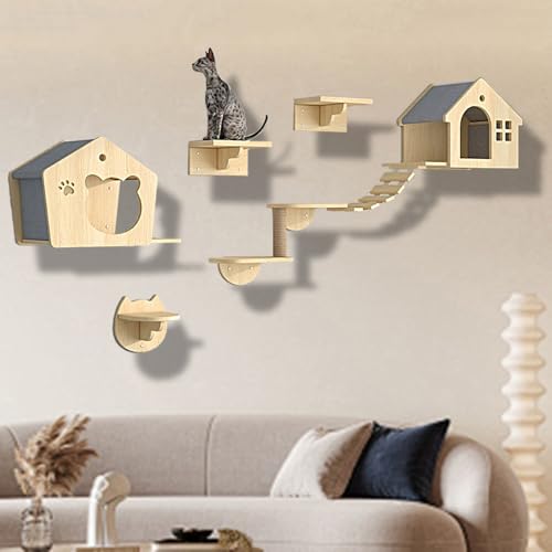 XMLYSMYS Kletterwand Katzen Katzentreppe Wandmontage, Holz-katzenbaum mit Kratzbaum, Weicher Leiter, Stufen und Sprungplattformen, für Katze Klettern und Erkunden(7PCS) von XMLYSMYS