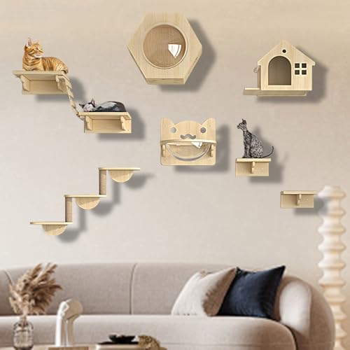 XMLYSMYS Kletterwand Katzen Katzentreppe Wandmontage, Holz-katzenbaum mit Kratzbaum, Weicher Leiter, Stufen und Sprungplattformen, für Katze Klettern und Erkunden(9PCS) von XMLYSMYS