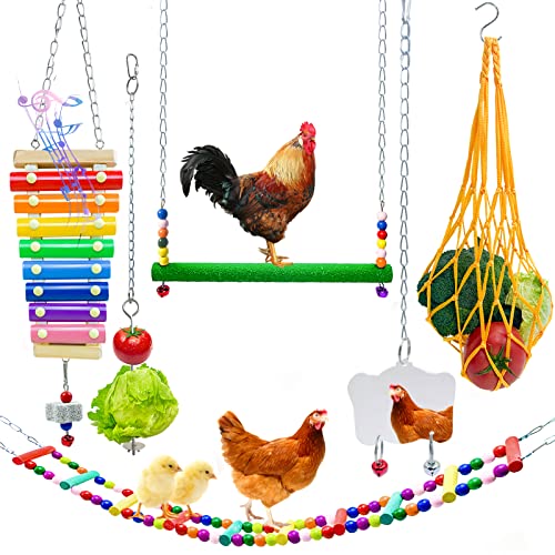 6PCS Chicken Toys for Hens, Chicken Xylophon with Grinding Stone Swing Flexible Ladder String Bag Vegetable Skewer String Feeder Chicken Mirror Toys for Hens Papagei Bird for Coop Accessories von XMPEKO
