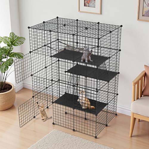XMTECH Großer Katzenkäfig für drinnen und draußen, 146x110x74 cm, 4-stöckiges Katzengehege, stabile Metallgitterkonstruktion, rutschfester PP-Bodenplatte, für 2–3 Katzen, inklusive Hängematte, Schwarz von XMTECH