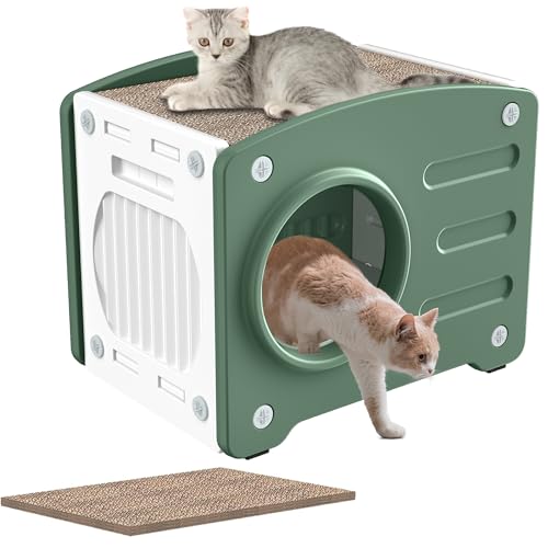 XMTECH Katzenhaus Indoor Outdoor, PP Katzenhöhle mit Katzen kratzbrett, Katzenbett Katzentonne, Katzenbett Höhle, katzenhaus für draussen, 90KG Tragfähigkeit, 55 x 40 x 46 cm (Grün, 55 x 40 x 46 cm) von XMTECH