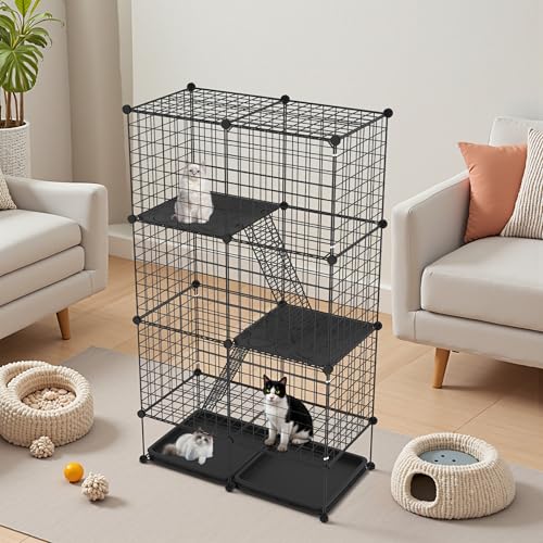 XMTECH Katzenkäfig für drinnen und draußen, 126x74x37 cm, 3-stöckiges Katzengehege, stabile Metallgitterkonstruktion, Rutschfester PP-Bodenplatte, für 1–2 Katzen, Schwarz von XMTECH