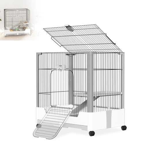 XMTECH Kleintierkäfig mit 2 Ebenen auf Rollen – Metall Kaninchenstall mit Plattform, Leiter, Kotwanne & Schloss – für Kaninchen, Meerschweinchen, Frettchen – Weiß & Grau von XMTECH