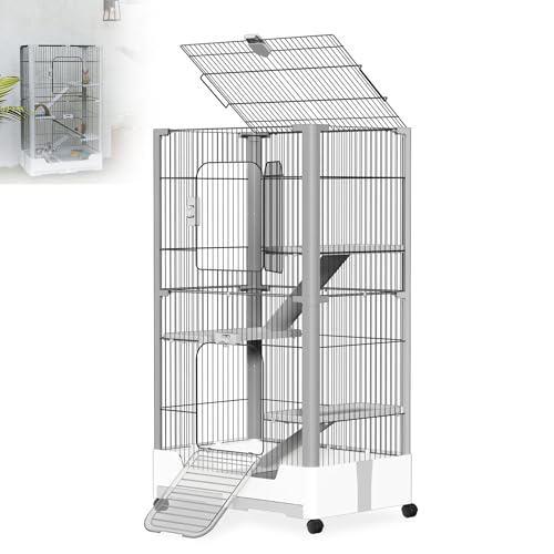 XMTECH Kleintierkäfig mit 4 Ebenen auf Rollen – Metall Kaninchenstall mit Plattformen, Leitern, Kotwannen & Schloss – für Kaninchen, Meerschweinchen, Frettchen – Weiß & Grau von XMTECH