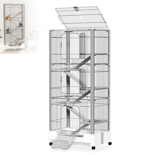 XMTECH Kleintierkäfig mit 6 Ebenen auf Rollen – Metall Kaninchenstall mit Plattformen, Leitern, Kotwannen & Schloss – für Kaninchen, Meerschweinchen, Frettchen – Weiß & Grau von XMTECH