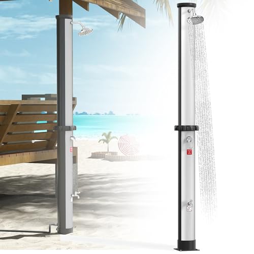 XMTECH Solardusche 40L, Solar Gartendusche, Pooldusche & Außendusche, mit Fußdusche, 360° Regenduschkopf, Mischbatterie, ohne Strom, 216 cm, Outdoor Dusche für Garten, Camping, Terrasse, Silber von XMTECH