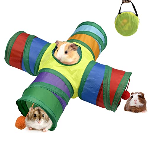 4-Wege-Meerschweinchen-Tunnel und Röhren mit 4 Bällen, zusammenklappbares Meerschweinchen-Versteck Spielzeug mit Tragetasche für Kleintiere, Chinchillas, Frettchen, Hamster, Ratten von XMxoTxo