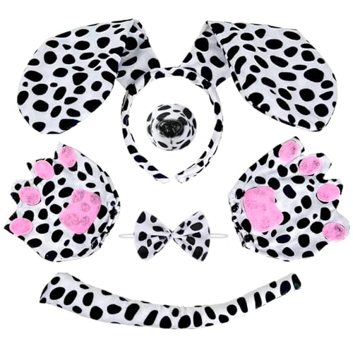 XNIVUIS 5-teiliges Geflecktes Hund Kostüm Set, Inklusive Hundenase, Hundeohren, Schwanz und Handschuhe, Hundekostüm für Erwachsene und Kinder, Party Dekoration Faschingskostüm (Gefleckt) von XNIVUIS