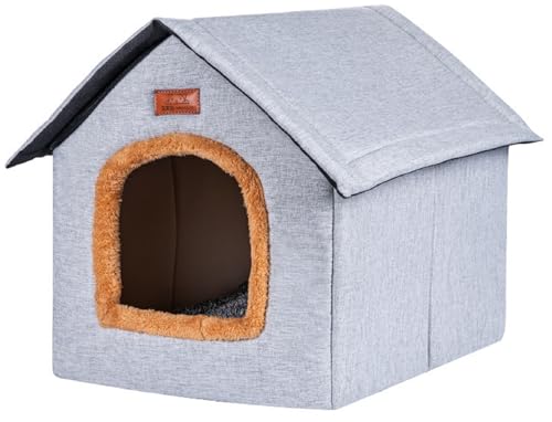 XNSHUN Katzenhaus Outdoor Winterfest, Katzenhöhle Faltbares Outdoor Hundehaus Hundehütte Hundehöhle, Outdoor Pet House Haustierhaus Mit Abnehmbarem Kissen Für Kleine Hund Katze (M,Hellgrau) von XNSHUN