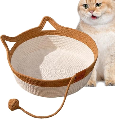 XNSHUN Katzenbett Baumwollseil, Katzenkorb Kratznest waschbar, Katzenkratzbrett Mit Niedlichem Ohr, Hundebett Korb geflochten, Faltbares Katzennest Für Den Innenbereich (S-35x35x13cm) von XNSHUN