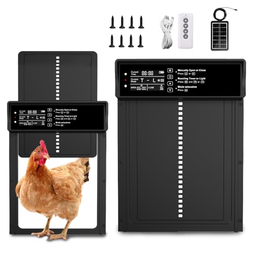 XPJBKC Automatische Hühnerklappe Solar, Hühnerklappe Automatisch mit Zeit/Temperatur/Lichtsensor/Fernbedienung, Elektrische Hühnerklappe, Hühnertür Automatisch, Intelligenter Einklemmschutz von XPJBKC