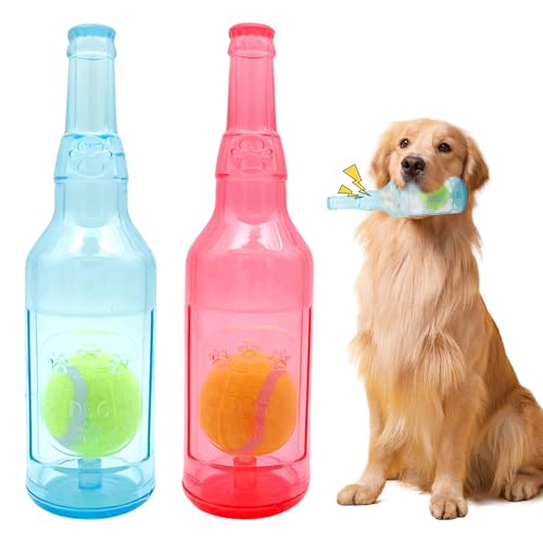 XPJBKC Quietschspielzeug für Hunde, interaktives Kauspielzeug für Hunde, Flaschenform, Hundespielzeug mit Tennisbällen, Indoor- und Outdoor-Hundespielzeug für kleine, mittelgroße Hunde (Blau + Rot) von XPJBKC