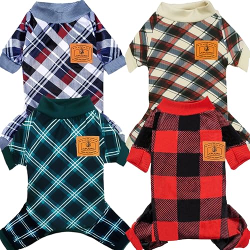 XPUDAC Hunde-Schlafanzug für kleine Hunde, Katzen, kariert, Hundekleidung, Welpen, Einteiler für Hunde, Weihnachten, Pyjama, Jumpsuits, Haustier-Pyjama, Shirt, Grün, Khaki-Grau (dünn)) von XPUDAC