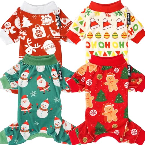 Xpudac Weihnachtspyjama für Hunde, Weihnachtsmann, Haustier, Hundekleidung, niedlicher Schneemann, Hunde-Pyjama für kleine Hunde, Rot / Grün, Größe S, 4 Stück von XPUDAC