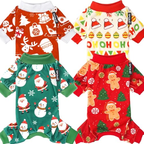 Xpudac Weihnachtspyjama für Hunde, Weihnachtsmann, niedlicher Schneemann, Größe M, Rot / Grün, 4 Stück von XPUDAC