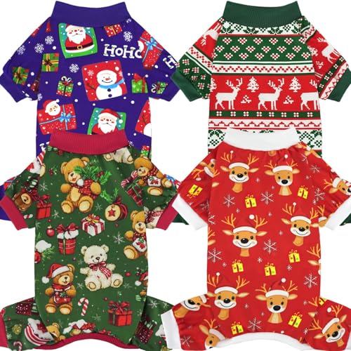 Xpudac lanlv-M Weihnachtspyjamas für Hunde, Rentier, Welpen, Kleidung, niedlicher Weihnachtsmann, Hunde-Pyjama, Kostüm, Outfit, Rot / Grün, Größe M, 4 Stück von XPUDAC