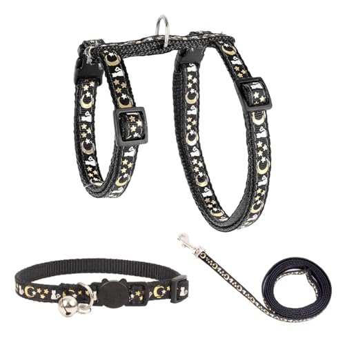 Ausbruchsicheres Katzengeschirr mit Leine und Halsband, 3er-Set, Nylon, verstellbar, H-shped Kätzchengeschirr mit Stern- und Mond-Muster, Design zum Spazierengehen, Schwarz von XPangle