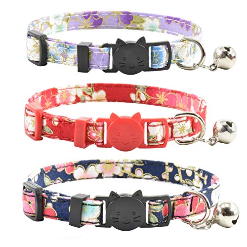 Breakaway Katzenhalsbänder mit Glöckchen, 3er-Set, langlebig und sicher, niedliches Kätzchenhalsband, sicher, verstellbar, für Katzen, Welpen, 19,1–27,9 cm (Lila, Rot, Blau 1) von XPangle