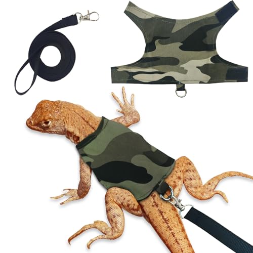 XQIGI Hundegeschirr und Leine, 1,52 m, verstellbares Geschirr, Eidechsenkleidung, Zugseil, ausbruchsicher, für Reptilien, Amphibien, Kleintiere, Spaziergänge im Freien, Tarnmuster, Größe L von XQIGI