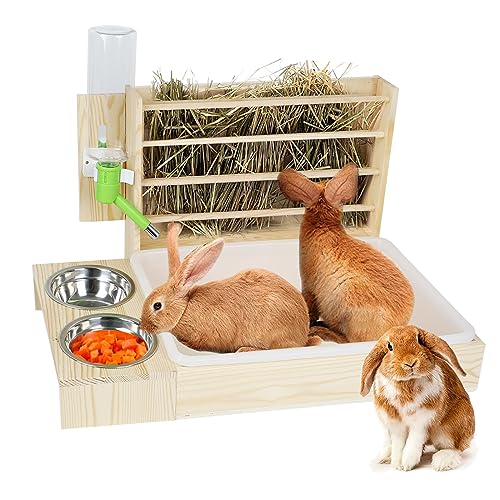 Kaninchen Heu Futterspender, 4-in-1 Holz Kaninchen Futterspender Kombi Set mit Katzentoilette, Futternäpfen und Wasserflasche, Heuhalter, Toilette für Kaninchen, Meerschweinchen (4-in-1) von XQZMD