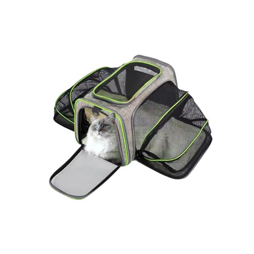 Katzen Transportboxen, Erweiterbare Katzentasche für Katzen Kleine, Faltbare Hundetasche mit Belüftetem Design,Tragetasche Transportbox für Katze und Kleine Hunde für Flugzeug Auto Reise (Grau Grün) von XQZMD