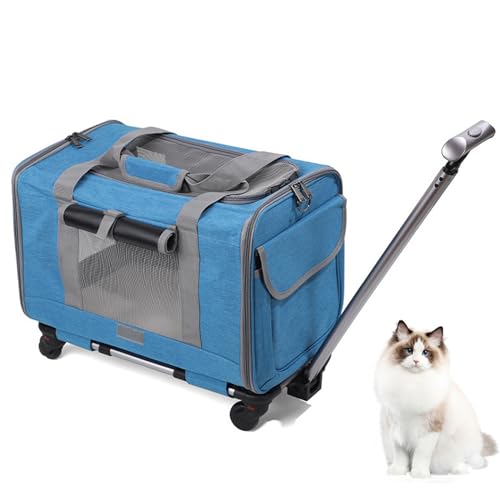 Transportbox Katze, Fahrbarer Tierträger mit Teleskopstiel, Tragetasche mit Rollen für Hunde und Katzen, Portabler Reiseträger für Kleine Mittelgroße Haustiere (Blau) von XQZMD