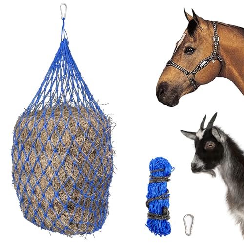 XQZMD Heunetz für Pferde, Heunetz engmaschig 5x5 cm, Fütterung verbesserte Verdauung für Pferde Zieg, Futternetz mit Ringen und Karabinerhaken (Blau) von XQZMD