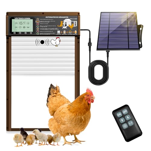 XRDZYXGS Automatische Hühnerklappe, Wasserdicht Hühnerklappe, Solarbetrieben, Elektrische Hühnerklappe mit Radarsensor, Timer, Lichtsensor, Großes Display, Fernbedienung, für Geflügel(Braun) von XRDZYXGS